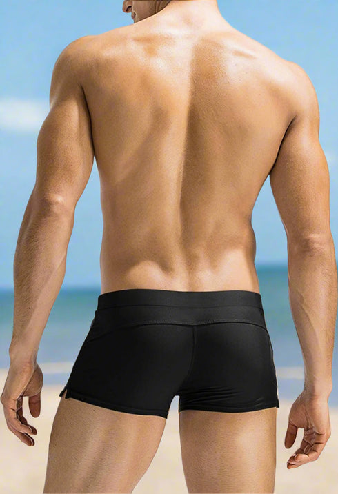 Men's Retro Hot pants Swimwear Full Back with front Zipper - Black
