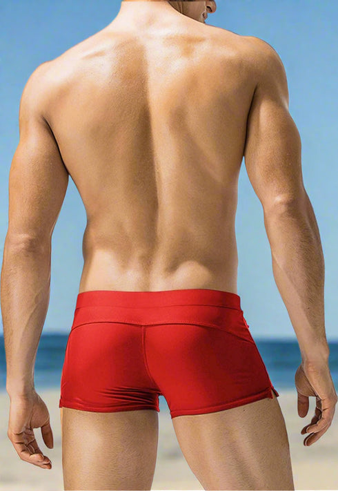 Men's Retro Hot pants Swimwear Full Back with front Zipper - Passion Red