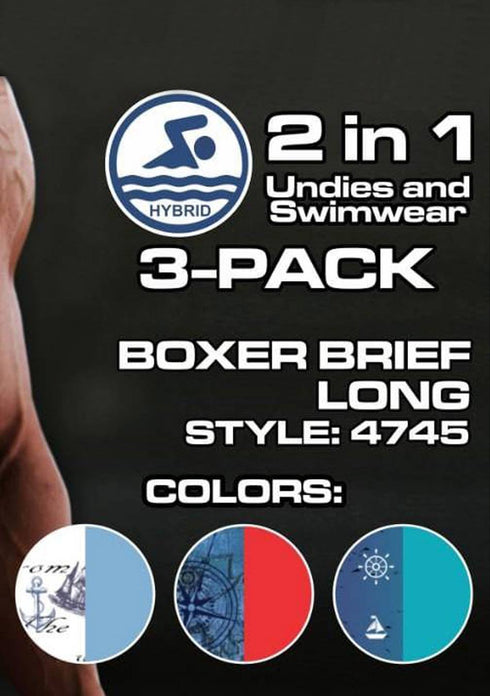 Men's AQ Hybrid Collection 2-in-1 Boxer Long Briefs & Swimwear, Nautical Prints – 3-Pack