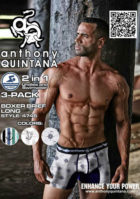 Men's AQ Hybrid Collection 2-in-1 Boxer Long Briefs & Swimwear, Nautical Print – 3-Pack