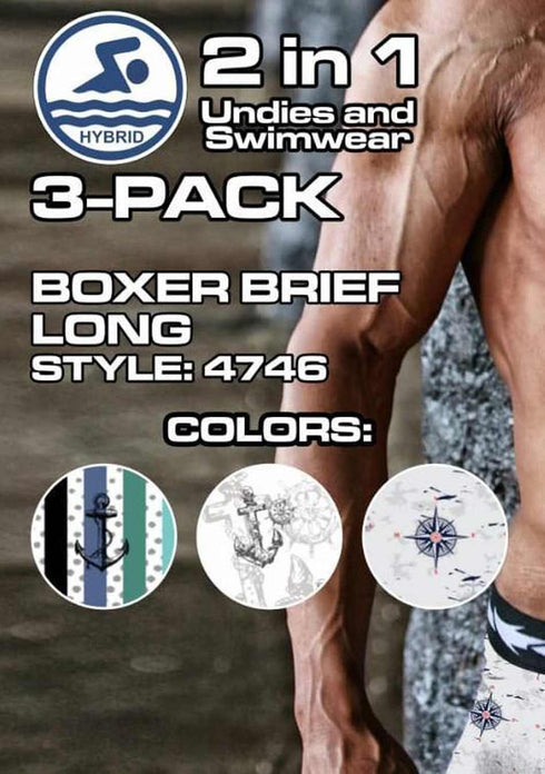 Men's AQ Hybrid Collection 2-in-1 Boxer Long Briefs & Swimwear, Nautical Print – 3-Pack