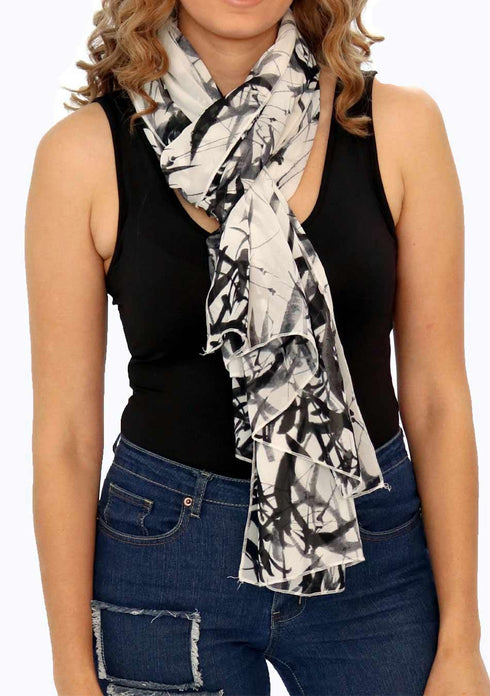 Women’s Chiffon Print Kaftan Tunic - Black on White Bamboo Leaf "Bali"