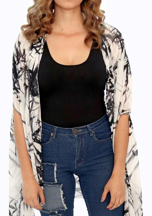 Women’s Chiffon Print Kaftan Tunic - Black on White Bamboo Leaf "Bali"