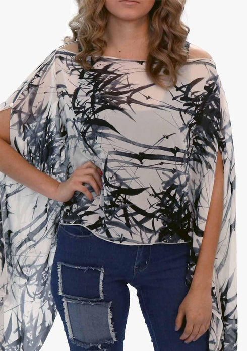 Women’s Chiffon Print Kaftan Tunic - Black on White Bamboo Leaf "Bali"