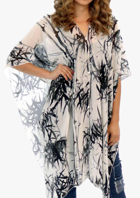 Women’s Chiffon Print Kaftan Tunic - Black on White Bamboo Leaf "Bali"