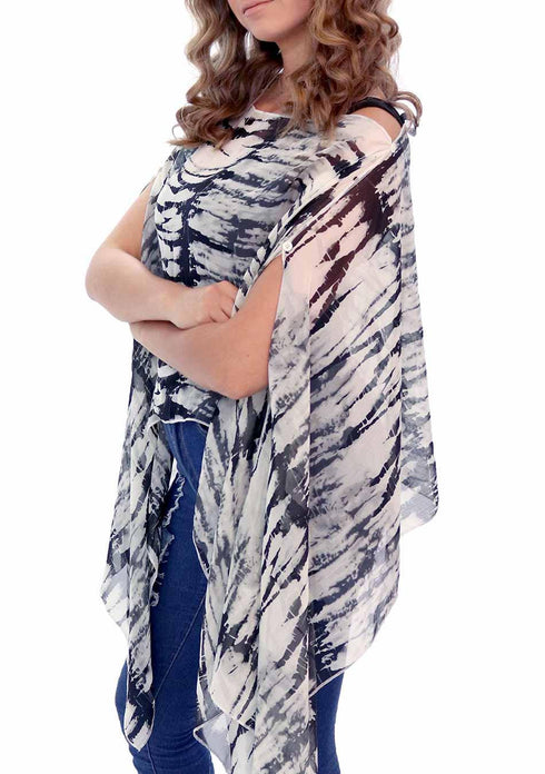 Women’s Chiffon Print Kaftan Tunic - White and Black Tie-Dye "India"