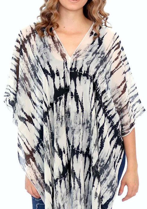 Women’s Chiffon Print Kaftan Tunic - White and Black Tie-Dye "India"
