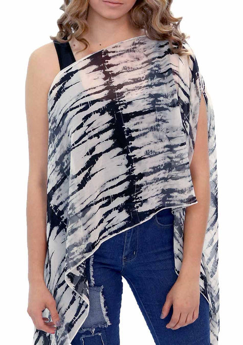 Women’s Chiffon Print Kaftan Tunic - White and Black Tie-Dye "India"