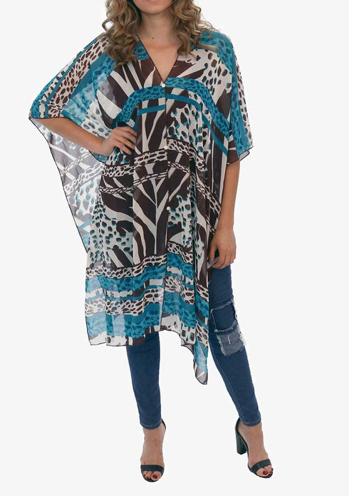 Women's Chiffon Print Kaftan Tunic - Teal and Chocolate "Monaco"