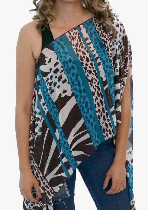 Women's Chiffon Print Kaftan Tunic - Teal and Chocolate "Monaco"