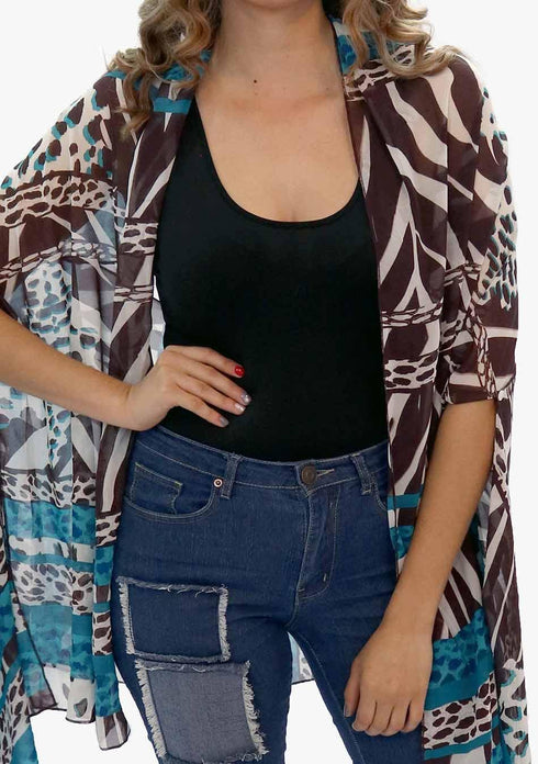 Women's Chiffon Print Kaftan Tunic - Teal and Chocolate "Monaco"