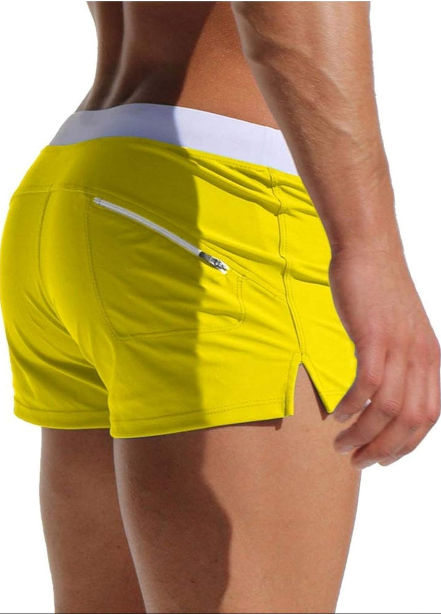 Yellow Men's Retro Hot pants Swimwear Full Back with back Zipper Yello